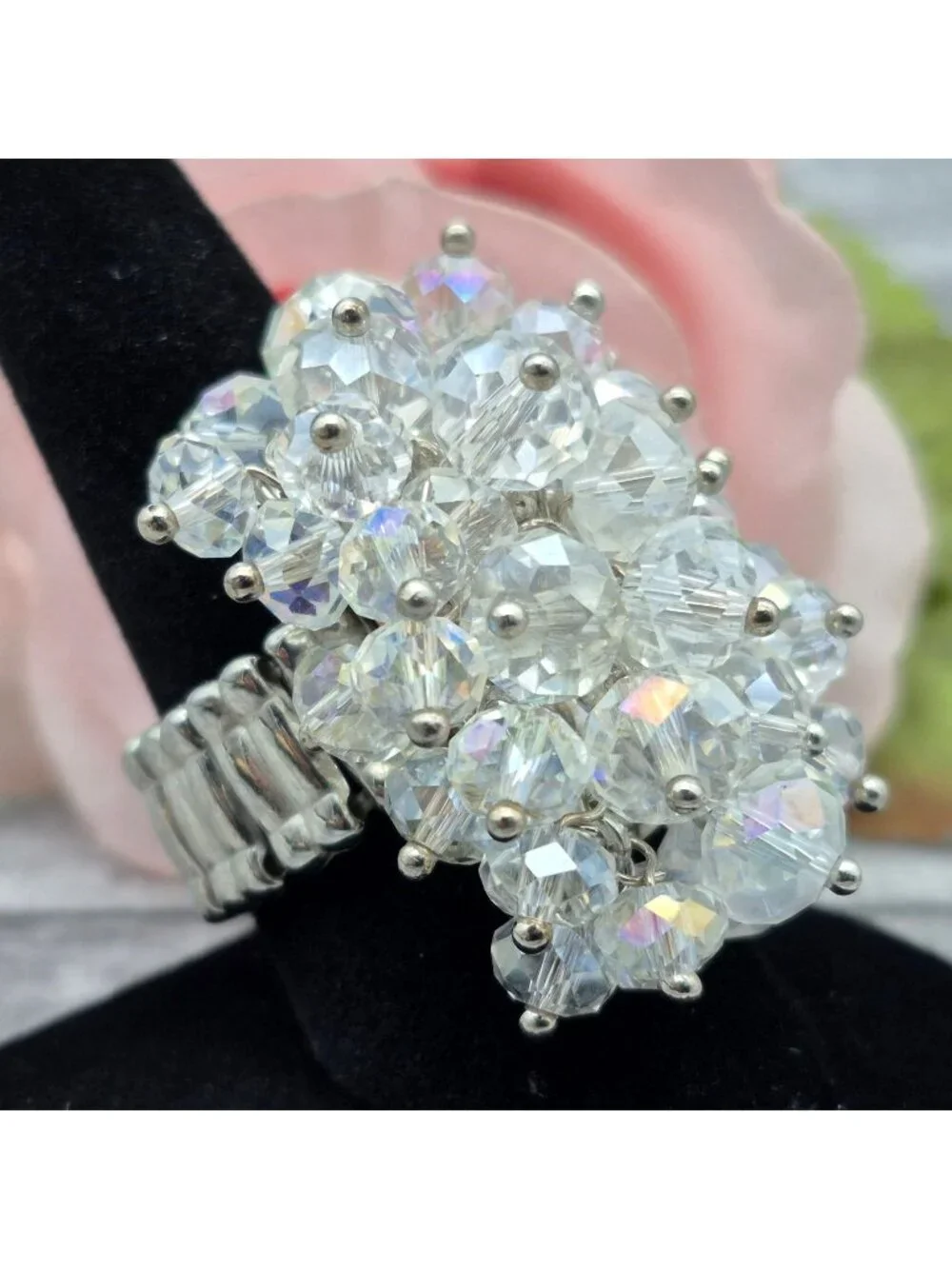 Retro AB Crystal Cluster Cha Cha Ring Expandable to Size 8 9 10 11 12 Statement